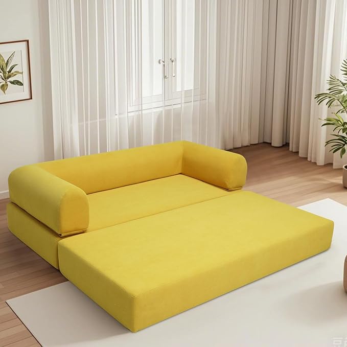Fold Sofa Bed Couch Memory Foam Futon Sleeper Chair Guest Bed and Fold Out Sofa, Couch for Living Room Corner Chair Bedroom (Yellow)