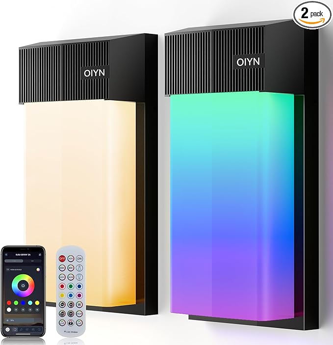 Outdoor Wall Light, Smart RGBICWW Porch Lights Outdoor, 1500LM Modern Wall Sconce with 30+ Scene Modes, Retome & APP Control, IP65 Waterproof Color-Changing DIY for Outdoor Decor, 2 Pack