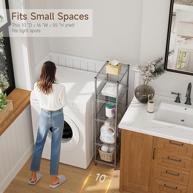 Small 5 tire Shelves Storage Wire Shelving Unit Metal Shelf Adjustable Organizers Storage Shelving for Bathroom Laundry Room Kitchen Pantry10”D x 16”W x 55”H Silver