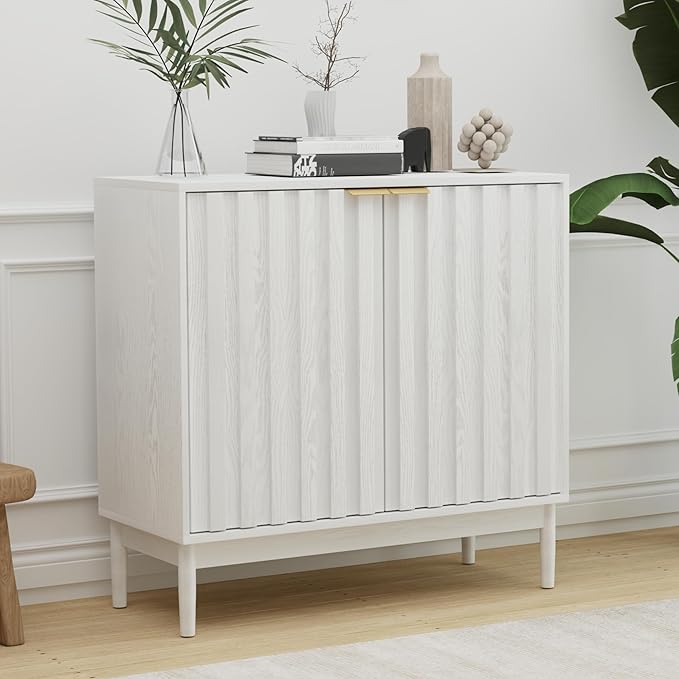 Fluted Cabinet with Storage, Buffet Cabinet Sideborad with Door, Kitchen Buffet Storage Accent Cabinets with Adjustable Shelves for Living Room, Entry, Hallway, White