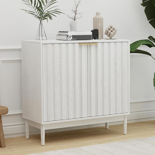 Fluted Cabinet with Storage, Buffet Cabinet Sideborad with Door, Kitchen Buffet Storage Accent Cabinets with Adjustable Shelves for Living Room, Entry, Hallway, White