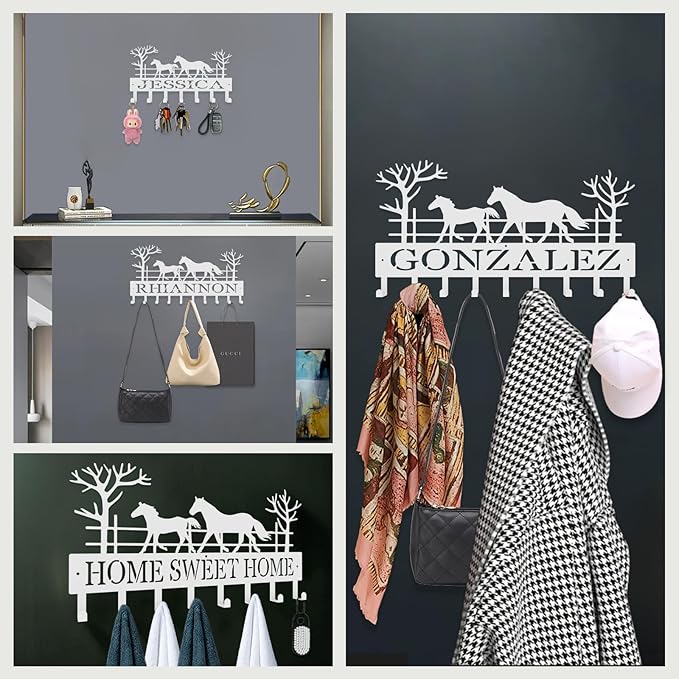 Personalized Key Hooks for Wall,Custom Name Galloping Horse Key Holder Wall Mounted,Fashion Coat Rack,Metal Key Hanger with Hooks,Key Rack Organizer for Entryway,Hallway,Doorway