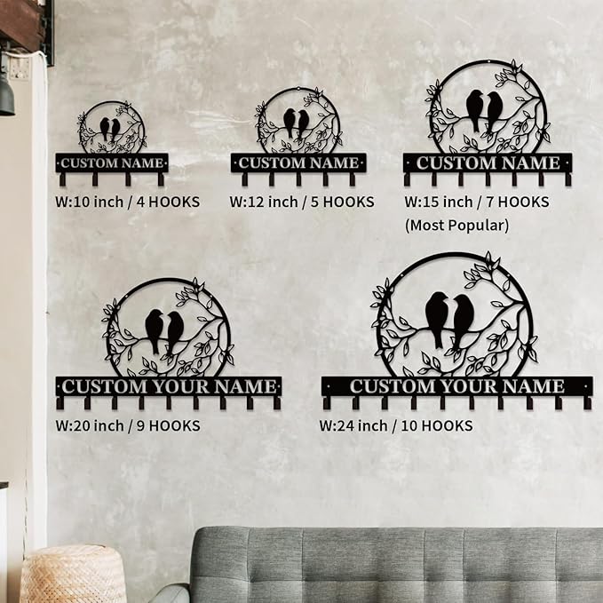 Personalized Custom Name Birds of Trees Wall Key Hooks,Metal Birds of Trees Art Clothes Hooks,Metal Birds of Trees Wall Home Storage Decorative,For Front Door, Hallway, Kitchen, Bedroom (Style F)