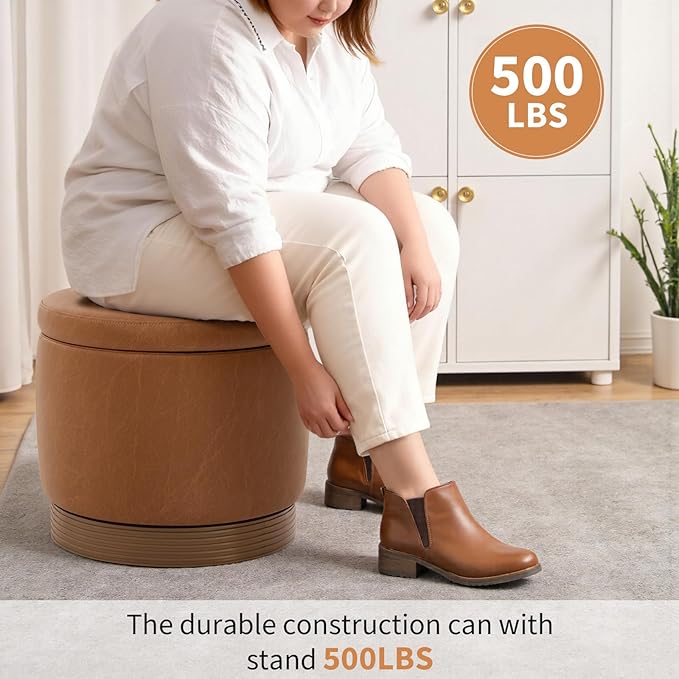 Round Storage Ottoman,Swivel Vanity Stool-Leather Foot Rest,Upholstered Footstool Pouf with Sturdy Acacia Wood Frame(500 lbs),Small Coffee Table & Hidden Storage Ottoman for Living Room