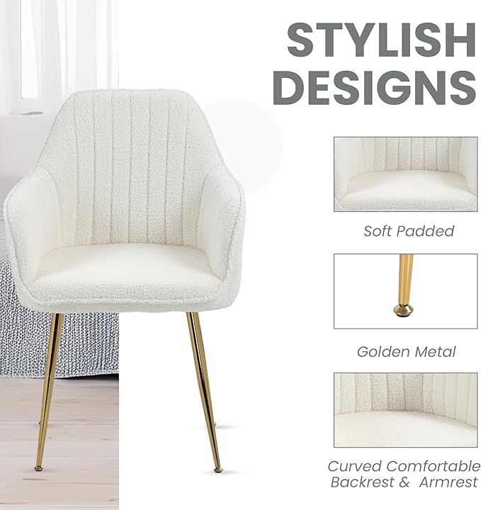 ECOTOUGE Teddy Velvet Dining Chairs Set of 2, Modern Arm Chair with Golden Metal Legs, Fluffy Boucle Sherpa Accent Chairs for Kitchen, Cream White
