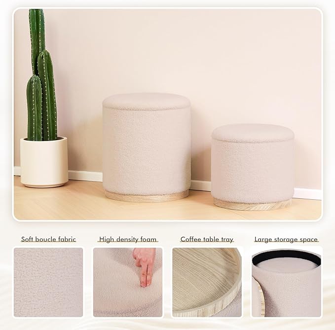 PINPLUS Round Ottoman with Storage Set of 2, Vanity Stool with Storage, Small Ottoman with Tray Teddy Velvet Foot Rest Stool Ottoman for Bedroom, Living Room, Dorm (Beige)