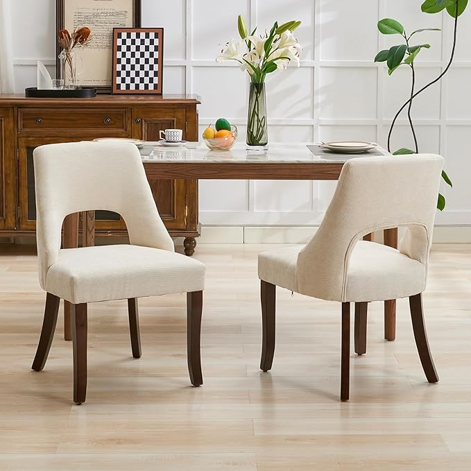 UVV Wooden Dining Chairs Set of 4, Mid Century Modern Fabric Upholstered Dining Room Chair Kitchen Chairs, Farmhouse Dinner Chair with Solid Wood Legs for Kitchen Dining Room, Beige