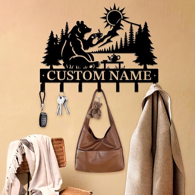 Personalized Custom Name Bear Key Wall Hooks,Metal Bear Keys Clothes Hooks,Metal Bear Wall Home Storage Decorative,For Front Door, Hallway, Kitchen, Bedroom,Keys,Hats (Style C)