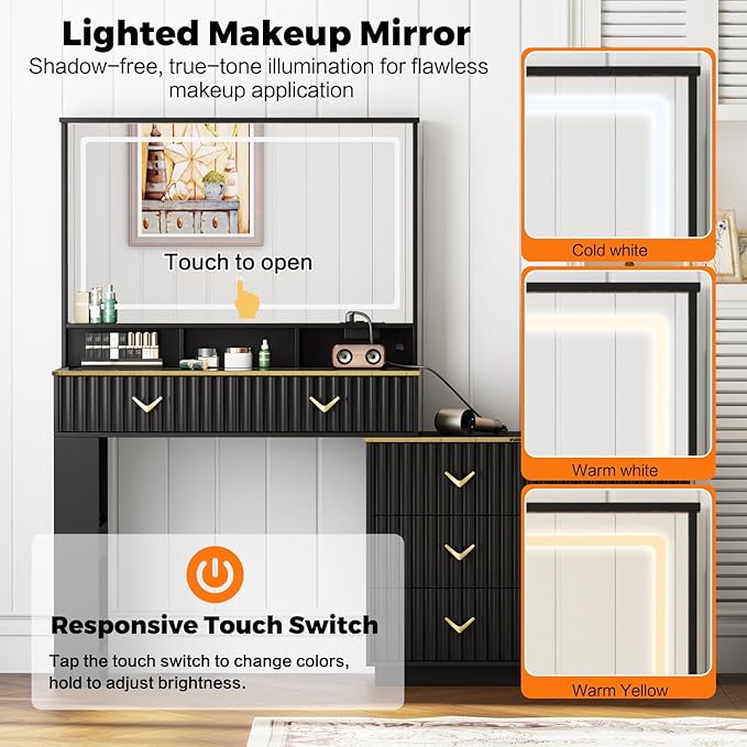 57“Makeup Vanity Desk with Mirror and Lights, Vanity Desk with 5 Drawers & Storage Shelves, Vanity Table with Power Outlet, 3 Color Modes & Adjustable Brightness Dressing Table, Bedroom,Black