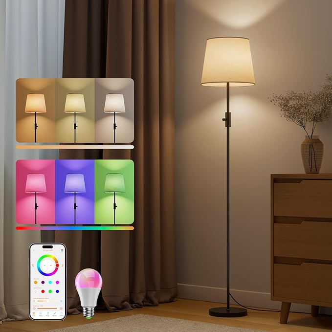 Smart Floor Lamp with RGBCW Color Change Bulb, Compatible with Alexa, Siri, Google Voice & App Control, Standing Lamp with Linen Shade, Tall Lamp for Living Room, Bedroom, Office,Black