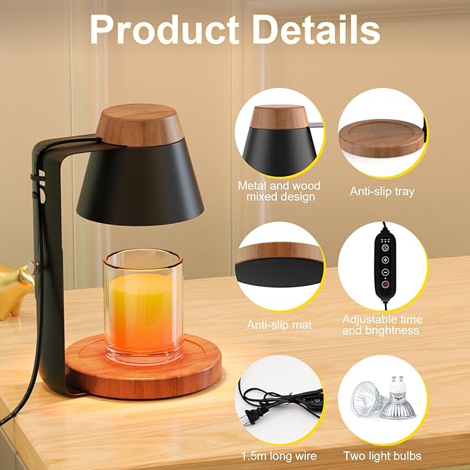 Candle Warmer Lamp with Timer, Stepless Dimmable Candle Lamp Warmer, Electric Candle Warmer Adjustable Height, Wax Warmer for Scented Wax with 2 Bulbs, for Festival&Home Decor (Black Mini)