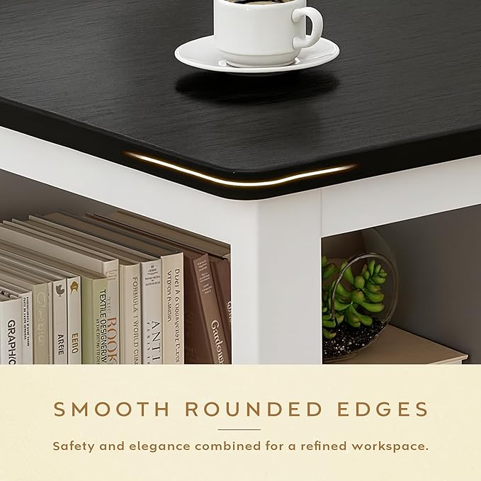 Premium Modern Wooden Computer Desk White Wooden Drawers & Bookshelf - Black Wood Top Writing Table with Strong Iron Frame for Home Office & Study 47.24W x 19.68L x 29.13H Inches