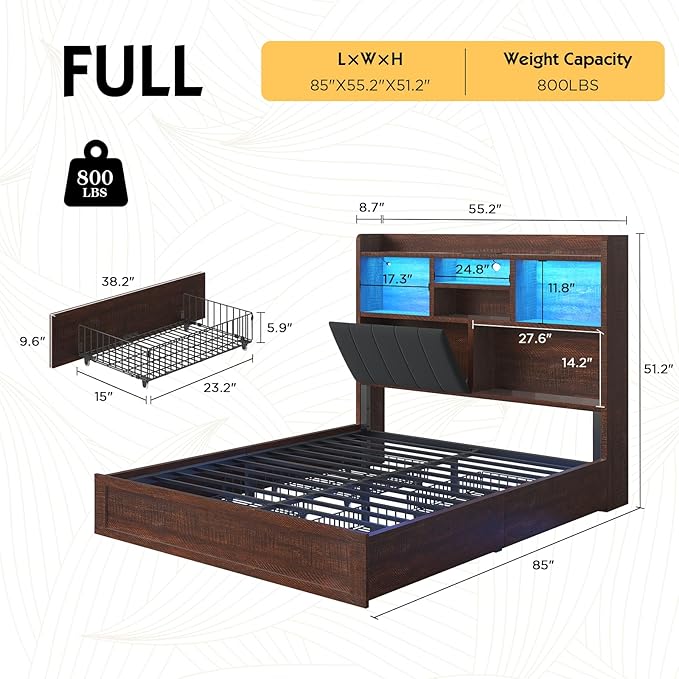 Full Farmhouse Bed Frame with Bookcase Headboard and 4 Drawers, LED Storage Bed with Charging Station & Linen Upholstered, No Box Spring Needed, Reclaimed Barnwood