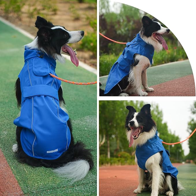 Waterproof Dog Raincoat with Reflective Strip, Adjustable Breathable Rain Coat Jacket with Leash Hole for Dogs (Blue, X-Large)