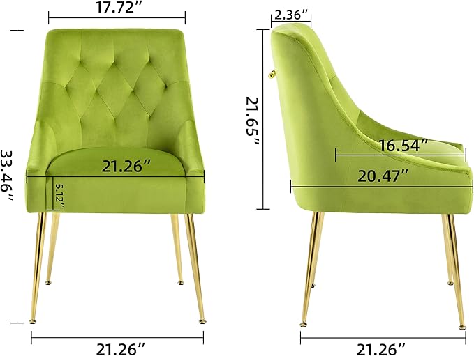Modern Dining Chair Set of 2, Mid-Century Room Chair, Upholstered Comfortable Velvet with Back Pull Rod and Metal Legs for Kitchen, Living (Yellow-Green), (DYXSD)