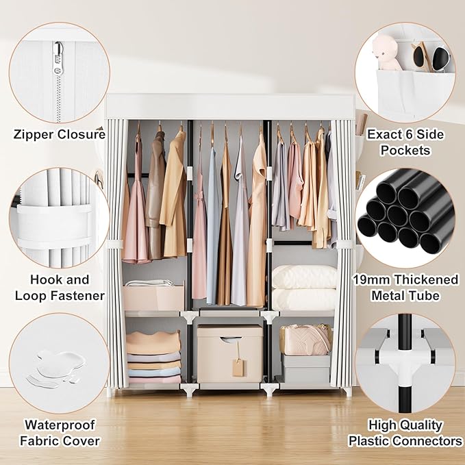 VTRIN Portable Closet Wardrobe for Hanging Clothes Closet with Cover, 3 Hanging rods, 6 Storage Shelves and Side Pocket, Diameter 19mm Metal Pipe, Sturdy Free Standing Closet for Bedroom, White