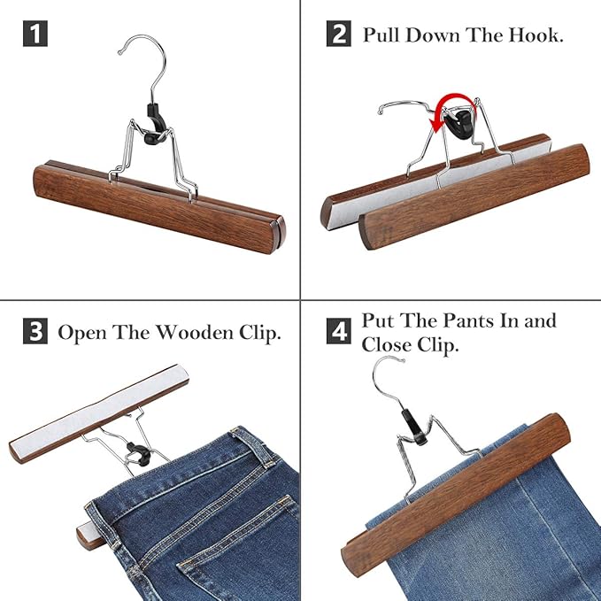 AMKUFO 20 Pack Wooden Pants Hangers with Clips Non Slip Skirt Hangers Trouser Clamp Hanger Solid Wood Hanger with 360° Swivel Hook Walnut