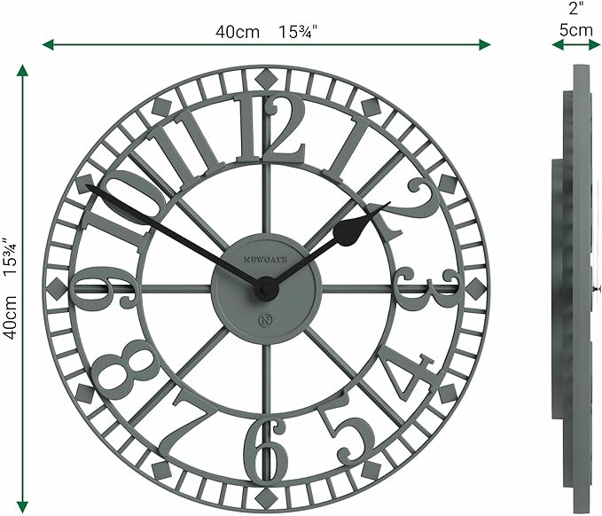 NEWGATE® Warehouse Wall Clock | Skeleton Clock | 16 inch | Asparagus Green with Black Hands | Contemporary Vintage Style for Kitchen, Living Room or Office