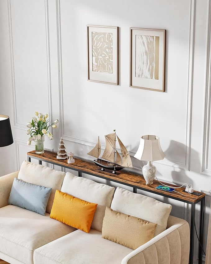 70.9" Console Table with Charging Station, Narrow Long Behind Couch Table, with 2 AC Outlets, 1 USB-A Port and 1 Type-C Port Rustic Brown and Black TXG28UBF