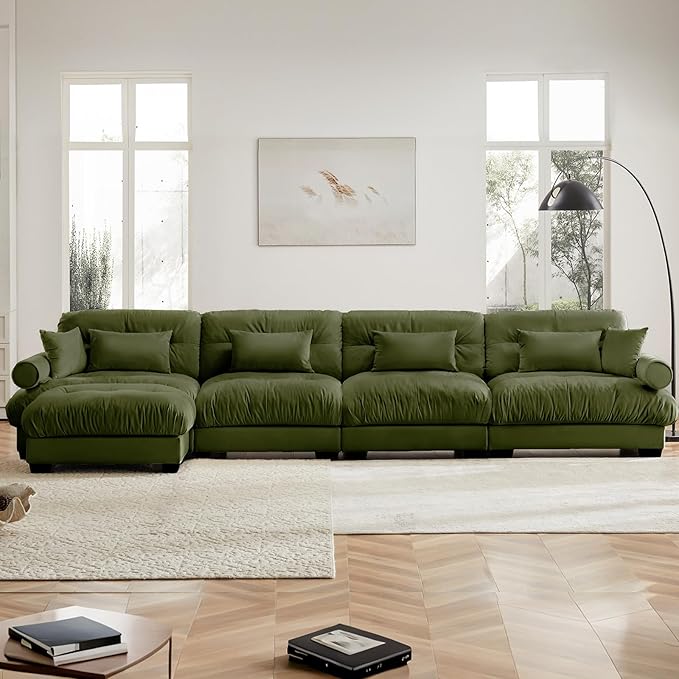 166" Oversized Couch, 4 Seater Modular Sectional Sofa, Olive Green Large L Shaped Sectional Couches for Living Room, Fluffy Couch Set, 4 Seater, Velvet Cloud with Ottoman, Sofas for Living Room