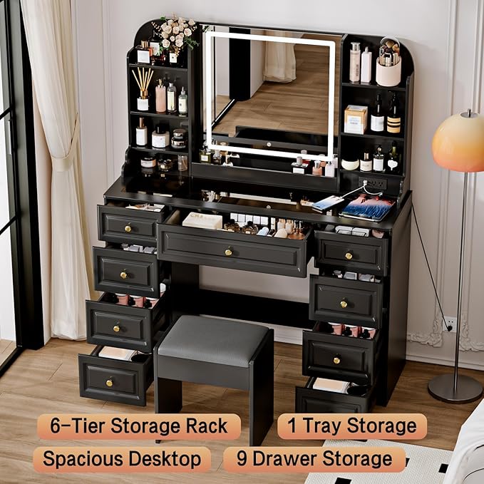 43" Makeup Vanity Desk with Mirror and Lights, & Power Outl, Glass Top Big Vanity Table with 9 Drawers& 8 Storage Shelves, Dressing Table Set with Chair for Bedroom, Black