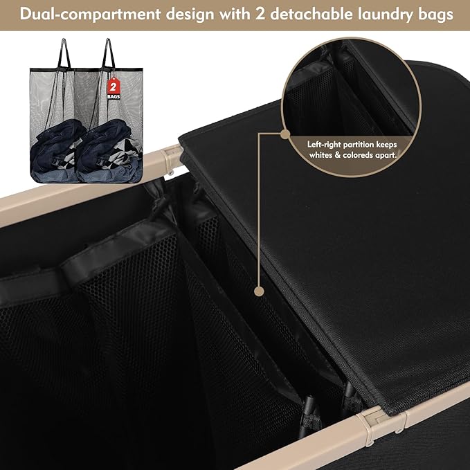 DOKEHOM 160L Double Laundry Basket with Removable Lid and Laundry Bags, Large Collapsible Laundry Hamper with 2 Sections (Black)