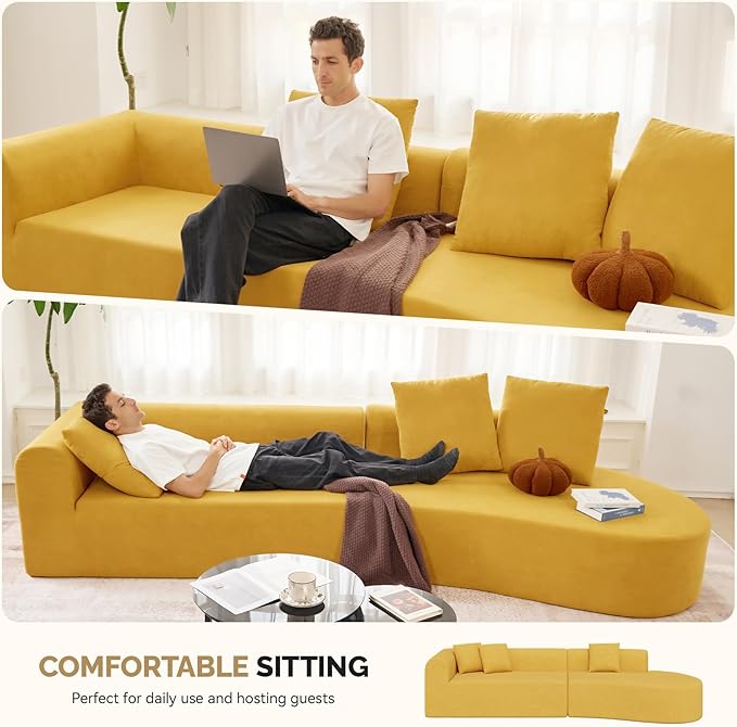 128" Oversized Modern Curved Sofa,Boneless Cloud Sectional Couch with Deep Seat,No Assembly Required Chenille Couches for Living Room,Yellow,1 PCS