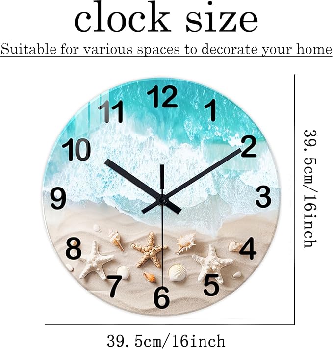 XNM Office Clock Wall Glass Blue Decorative Wall Clocks Battery Operated 16 Inches or Larger Starfish Quiet Wall Clock Modern