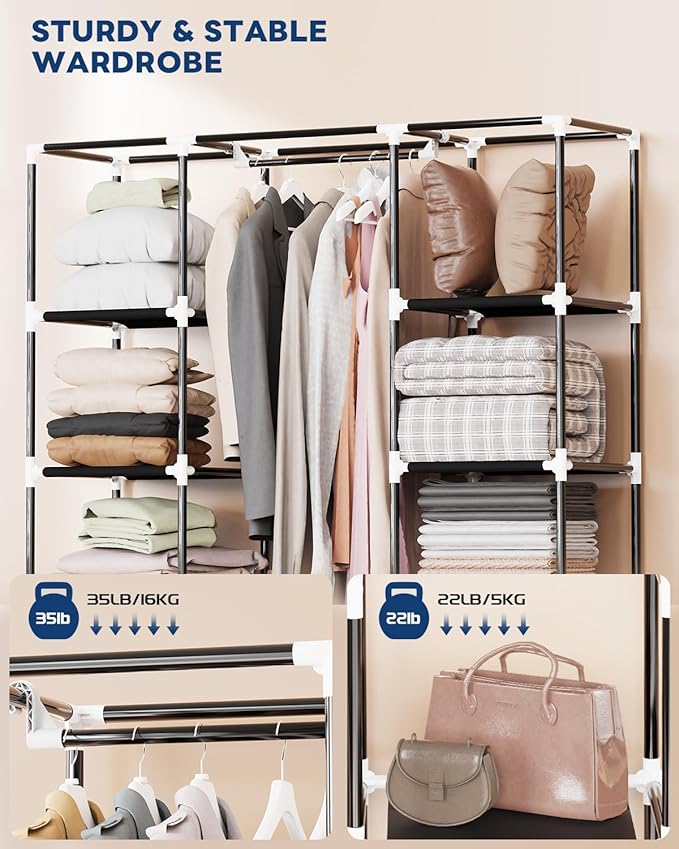 Mavivegue Portable Closet, Wardrobe Closet Organizer with Cover, 3 Hanging Rods and Shelves,Large Capacity for Bedroom, Living Room (Black, 59" W x 18" D x 64" H)