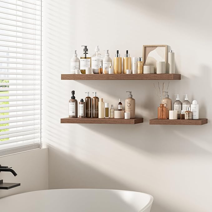 Fun Memories Floating Shelves - 2 Pack 12 Inch Rustic Wooden Wall Shelves - Extra Deeper & Thicker Wall Mounted Storage Shelf for Living Room, Kitchen, Farmhouse - 16" W x 12" D x 1.5" H - Walnut