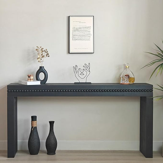 Console Table for Living Room, Long Sofa Table Behind Couch with Real Wood Beads Decoration, Retro Entryway Table for Hallway Foyer (64 Inch, Antique Black)