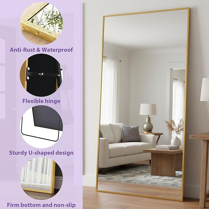 Full Length Mirror, 88"x44" Floor Mirror Freestanding, Oversized Floor Standing Mirror Full Body Mirrors with Stand for Bedroom, Hanging Mounted Mirrors for Living Room Cloakroom, Gold, Rect