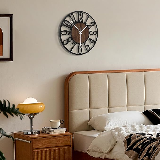 Maxstar Wall Clock Battery Operated,Silent Non-Ticking Modern Rustic Metal Round Clocks Small for Living Room/Bedroom/Office/Kitchen/Farmhouse Home Decor-14 Inch(Brown-Wood)
