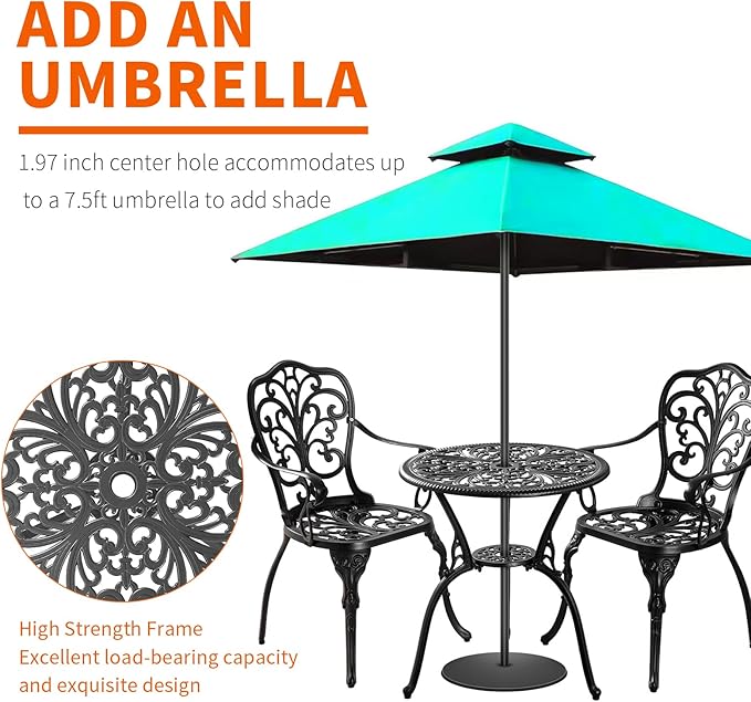 Bistro Set 3 Piece Outdoor, Bistro Table and Chairs Set of 2, All Weather Patio Bistro Set with Umbrella Hole, Patio Set for Garden, Black