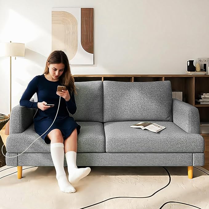 Loveseat Sofa Couch for Living Room with USB Type C Ports – Light Gray Upholstered 70" Small Couches for Bedroom, Office or Apartment–Modern 2-Seater Deep Seating with Soft Cushions & Sturdy Frame