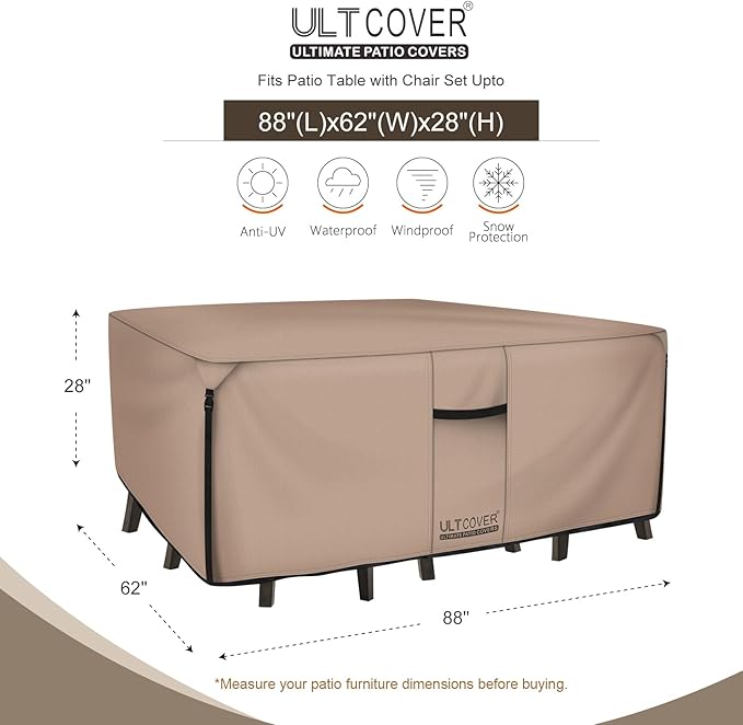 ULTCOVER Rectangular Patio Heavy Duty Table Cover - 600D Tough Canvas Waterproof Outdoor Dining Table and Chairs General Purpose Furniture Cover Size 88L x 62W x 28H inch