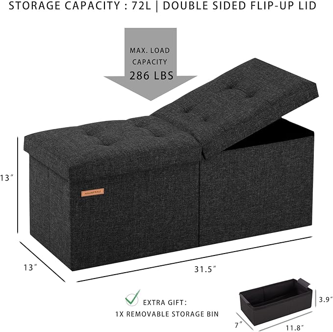 HAUSFRAU 31.5 Inches Ottoman with Storage Bench, Folding Ottoman Bench Small Foot Rest Stool, Bedroom Bench with Flipping Lid, Linen Avocado