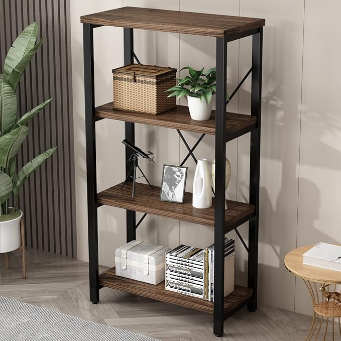 4 Tier Bookshelf, Solid Wood Bookcase Shelf Storage Organizer, Vintage Storage Rack with Open Shelves Rustic Standing Bookshelves for Living Room,Bedroom Rustic Brown(AY01-4tier)