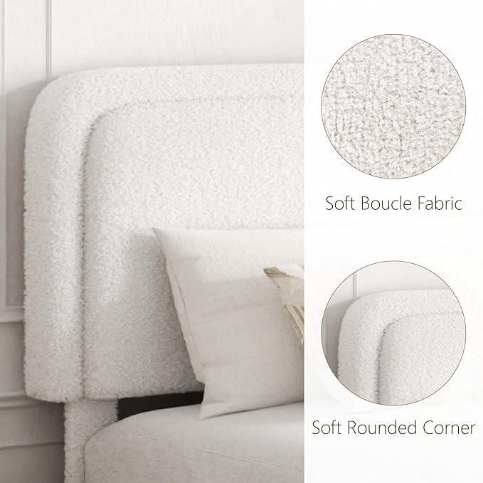 Queen Bed Frame with Headboard Adjustable, Boucle Upholstered Platform Bed Frame Queen Size, Anti-Collision Soft Rounded Corners, No Box Spring Needed, Noise-Free, Easy Assembly, White
