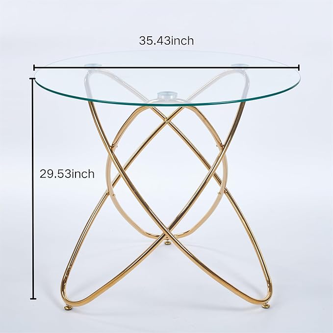 35.4" Round Dining Table for 4, Modern Clear Glass Kitchen Table for 4 with Gold Metal Legs, Compact Small Circle Dining Room Leisure Tables for Kitchen Apartment