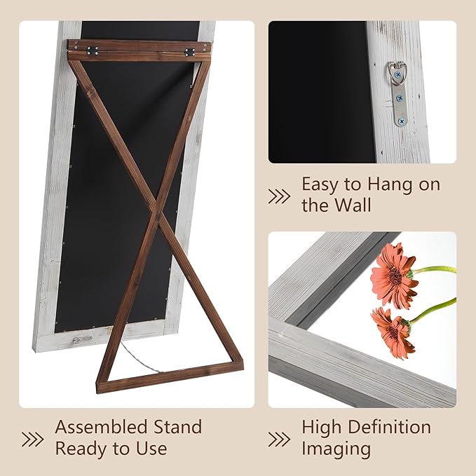 Rustic Farmhouse Full Length Mirror 64"X21" Wood Frame Floor Mirror with Stand, Free Standing Mirror Leaning or Hanging for Bedroom Living Room, Tempered Glass, White