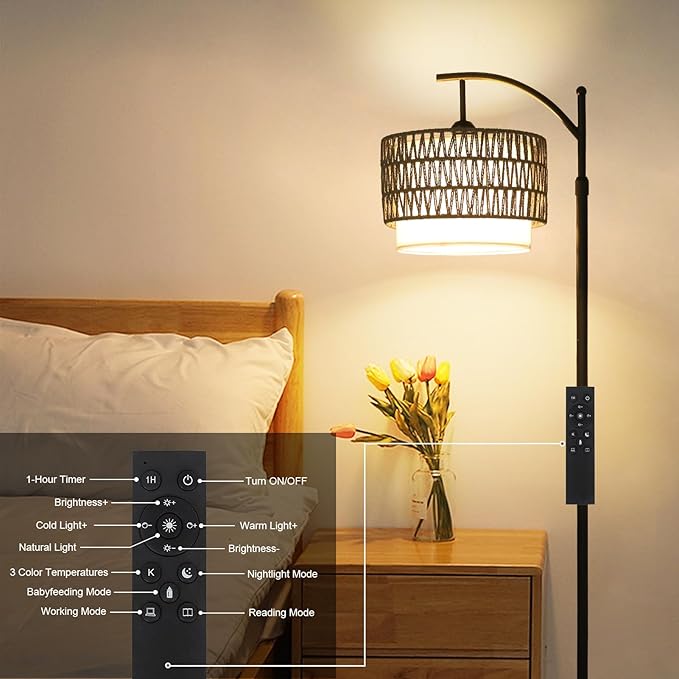 Floor Lamps for Living Room, Arc Standing Lamp with Remote & Dimmable Bulb, Boho Rattan Floor Lamp for Bedroom with 3 Color Temperatures, Farmhouse Tall Lamp, Height Adjustable Stand up Lamp