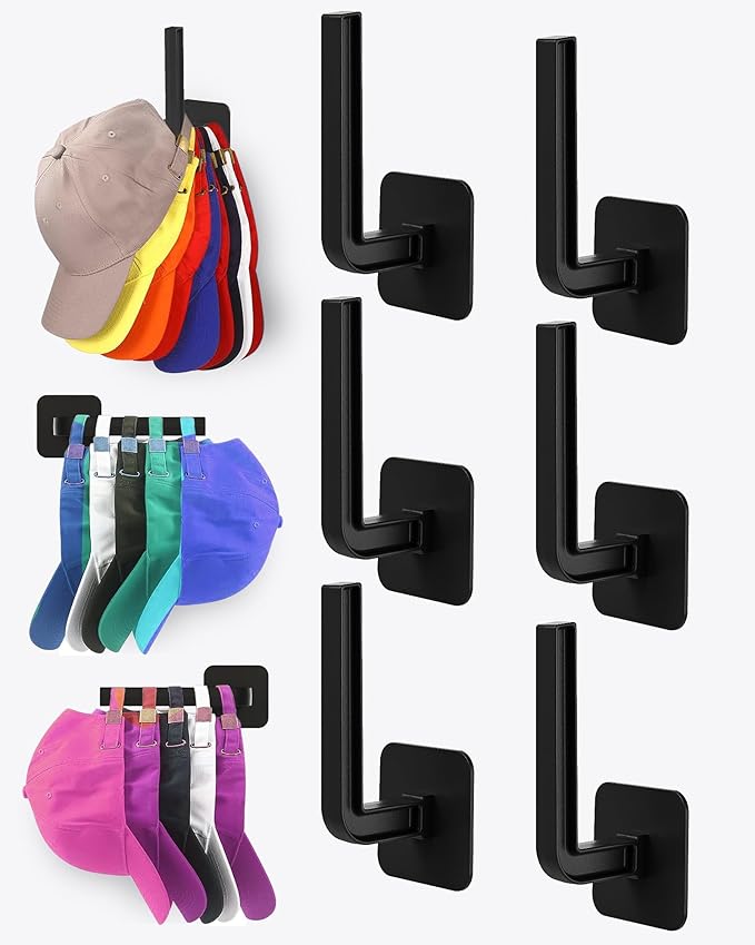 Hat Rack for Hat Storage (6-Pack), Multi-Purpose Hat Organizer, Strong Adhesive Hat Hooks for Wall Hat Organizer for Baseball Caps, Two Mounting Options Hat Hook, Black