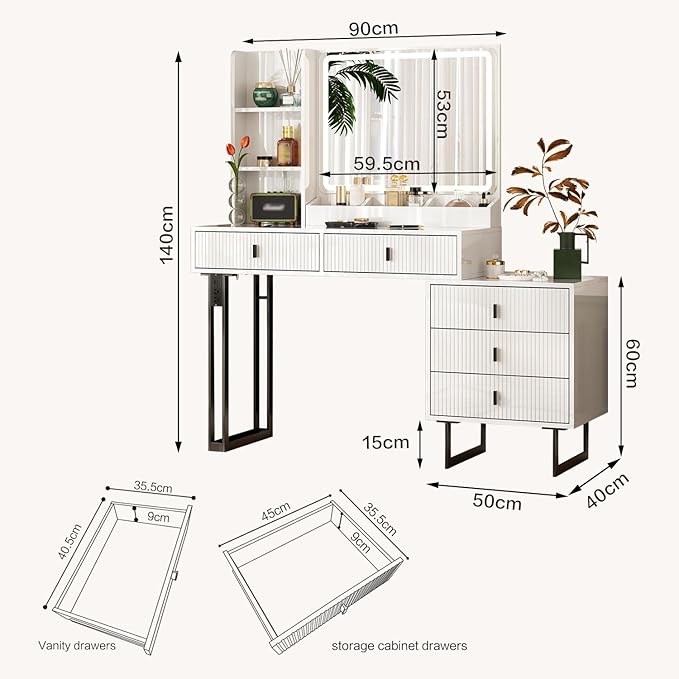 Large Vanity Desk with 3 Color Touch Screen Dimming Mirror, Vanity Desk with Charging Station, Modern Retractable Makeup Dressing Table, Makeup Table With storage shelves and 5 Sliding Drawers, White
