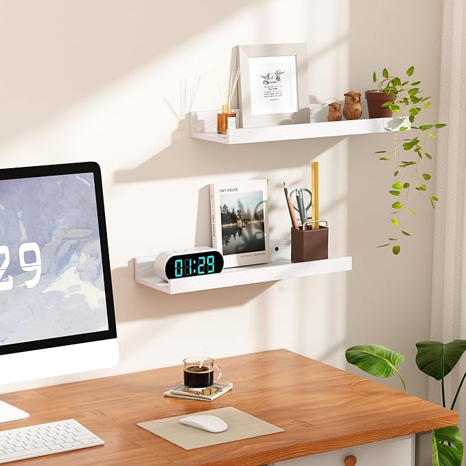 upsimples Floating Shelves for Wall, Wall Shelves for Decor Storage Set of 6, Wall Mounted Wood Shelf for Bedroom, Living Room, Bathroom, Kitchen, Picture Ledge Shelf, White