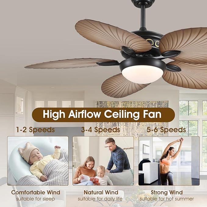 Ceiling Fans with Lights and Remote/APP Control, 52 Inch Tropical Palm Leaf Ceiling Fan with LED Lights, Outdoor Ceiling Fans for Patios Porch, Reversible Quiet Motor, Dimmable, Wood Grain