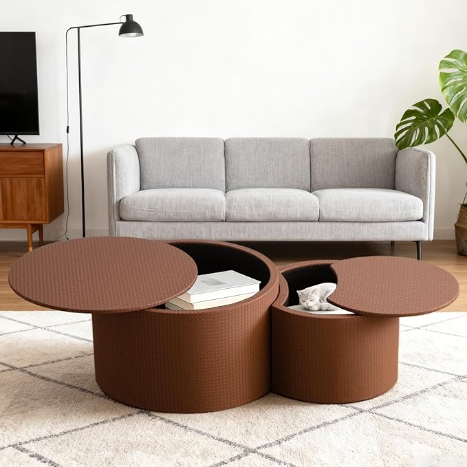 Round Nesting Coffee Table Set of 2, Round Fluted Coffee Tables with Storage for Living Room Leather Veneer Modern Nesting End Side Tables for Small Spaces (A Storage Brown)