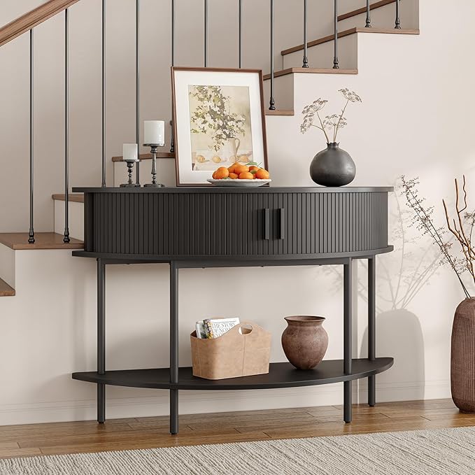 ONBRILL Half Moon Fluted Console Table, Entryway Table with Storage, Mid-Century Modern Sofa Tables, Behind Couch Tables, for Entryway, Hallway, Living Room, Small Spaces, Black