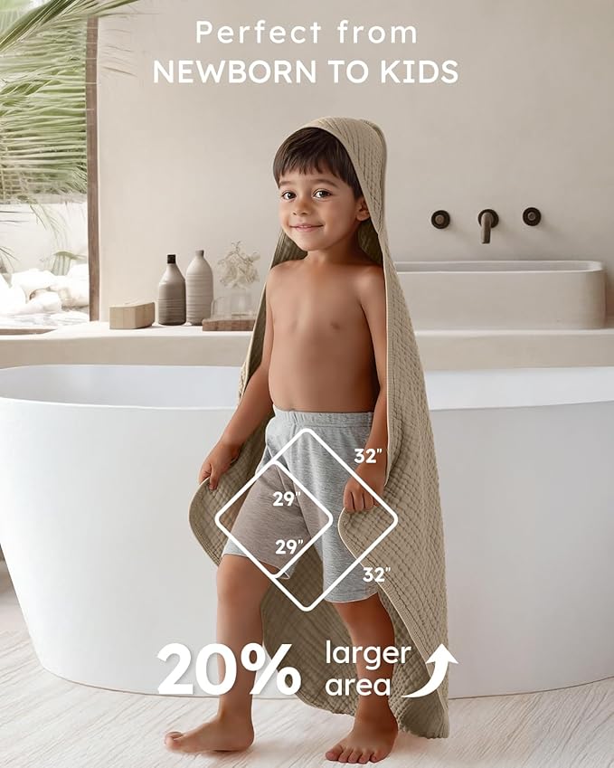 Yoofoss Hooded Baby Towels for Newborn 2 Pack 100% Muslin Organic Cotton Baby Bath Towel with Hood for Babies, Infant, Toddler and Kids, Large 32x32Inch, Soft and Absorbent Newborn Essential