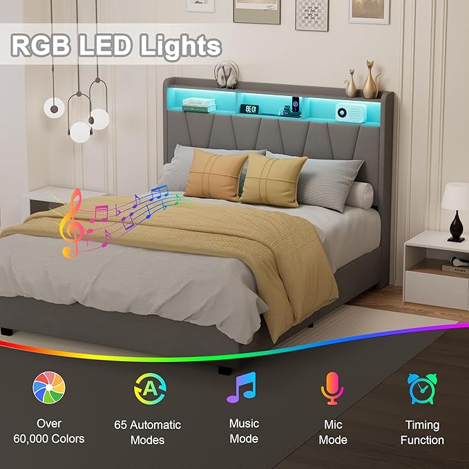 Queen Bed Frame, Velvet Upholstered LED Platform Bed with Headboard Storage, Queen Bed Built-in Charging Station with 4 Drawers, Wood Slat Support, No Box Spring Needed, Grey